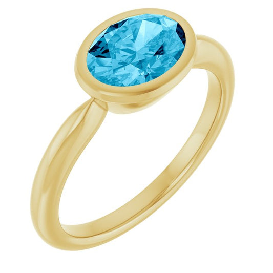 14K Yellow Gold Oval 8 X 6 Mm Polished Natural Aquamarine Solitaire Ring Size 7