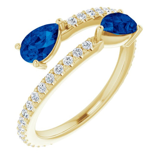 14K Yellow Gold Pear 6 X 4 Mm Polished Lab-Grown Blue Sapphire And 1/3 Ctw Natural Diamond Ring, Size 7