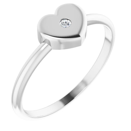 14K White Gold Or Platinum Round 1.3 Mm Polished .01 Ct Natural Diamond Youth Heart Ring, Size 3