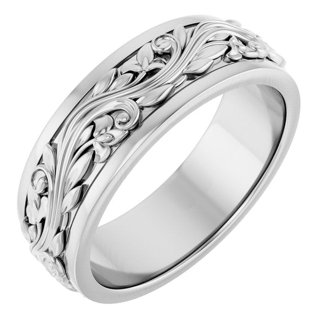 14K Yellow Or White Gold Or Sterling Silver Or Platinum Polished Sculptural Inlay Standard-Fit Flat Band