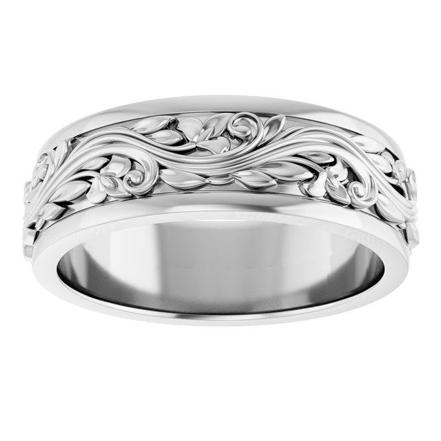 14K Yellow Or White Gold Or Sterling Silver Or Platinum Polished Sculptural Inlay Standard-Fit Flat Band