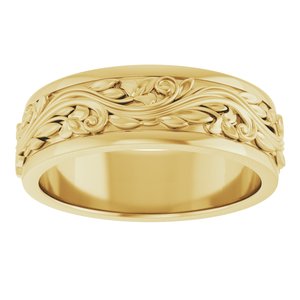 18K Yellow Or White Or Rose Gold Floral Inlay Flat Band