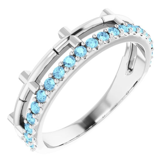 14K White Gold Round 1.5 Mm Polished Natural Aquamarine Stackable Cross Ring, Size 7