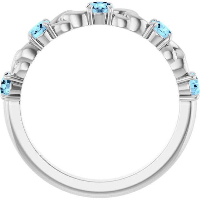 14K White Gold Round 3 Mm Polished Natural Aquamarine Linked Stackable Ring, Size 7