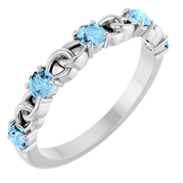 14K White Gold Round 3 Mm Polished Natural Aquamarine Linked Stackable Ring, Size 7