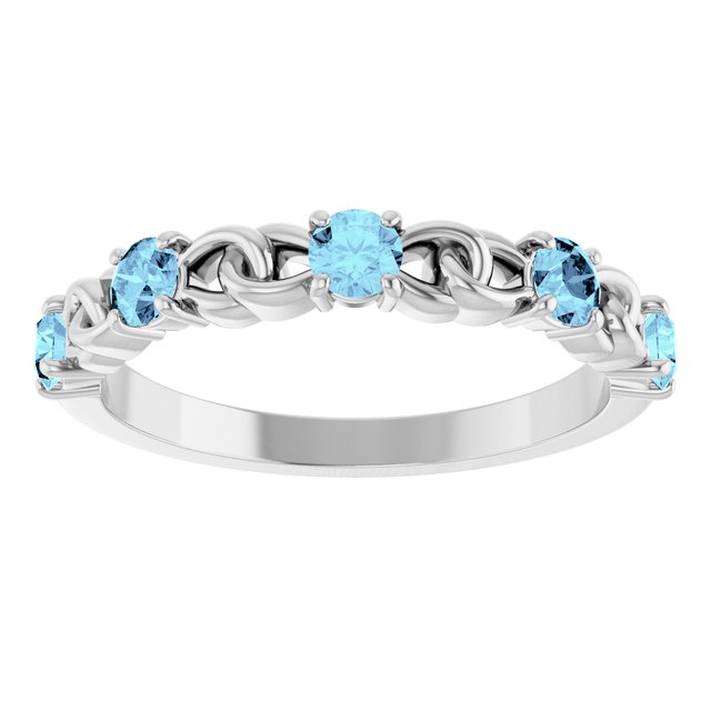 14K White Gold Round 3 Mm Polished Natural Aquamarine Linked Stackable Ring, Size 7
