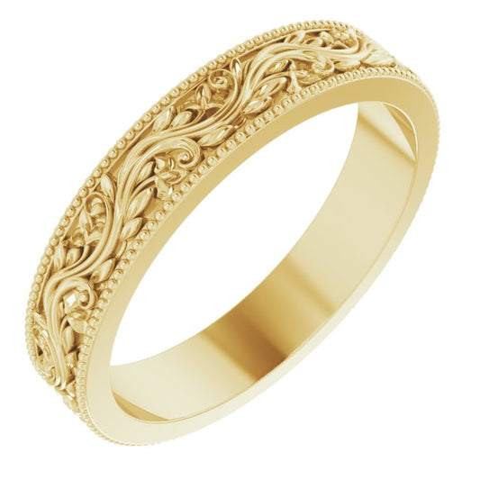14K Yellow Or Rose Gold 4 Mm Polished Milgrain Edge Sculptural Standard Fit Band, Size 7