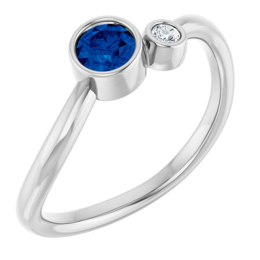 14K White Gold Round 4 Mm Polished Lab-Grown Blue Sapphire And .03 Ct Natural Diamond Ring, Size 7