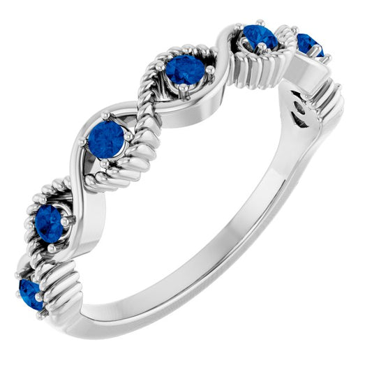 14K White Gold Round 2 Mm Polished Natural Blue Sapphire Stackable Ring, Size 7