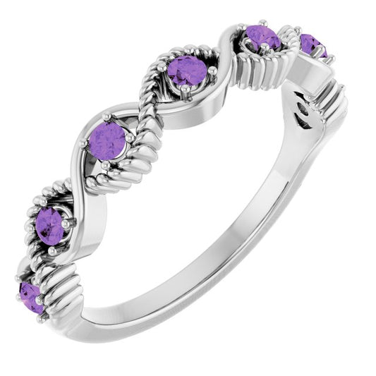 14K White Gold Round 2 Mm Polished Natural Amethyst Stackable Ring, Size 7