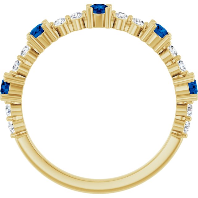 14K Yellow Gold Round 2.5 Mm Polished Lab-Grown Blue Sapphire And 1/6 Ctw Natural Diamond Stackable Ring Size 7