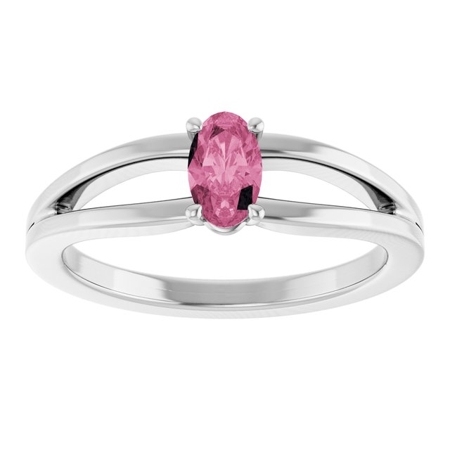 14K White Gold Oval 5 X 3 Mm Polished Natural Pink Tourmaline Youth Ring, Size 3