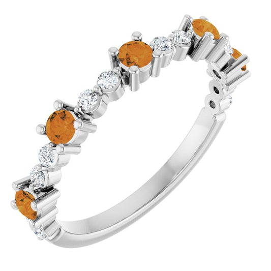 14K White Gold Round 2.5 Mm Polished Natural Citrine And 1/6 Ctw Natural Diamond Stackable Ring, Size 7