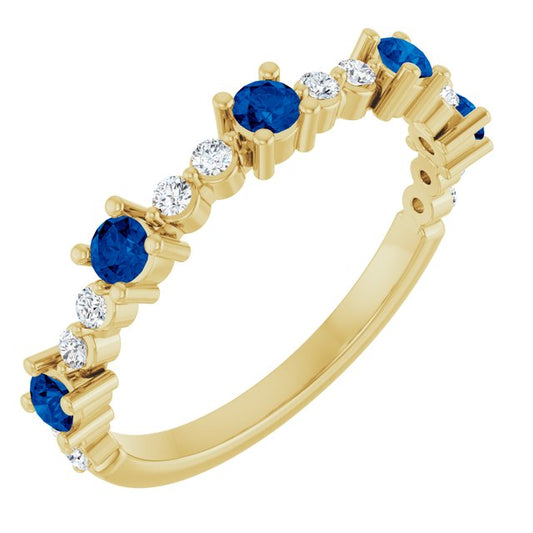 14K Yellow Gold Round 2.5 Mm Polished Lab-Grown Blue Sapphire And 1/6 Ctw Natural Diamond Stackable Ring Size 7