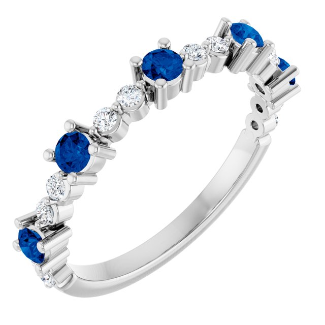 14K White Gold Round 2.5 Mm Polished Natural Blue Sapphire And 1/6 Ctw Natural Diamond Stackable Ring, Size 7