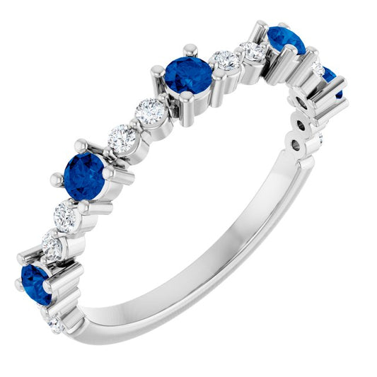 14K White Gold Round 2.5 Mm Polished Natural Blue Sapphire And 1/6 Ctw Natural Diamond Stackable Ring, Size 7