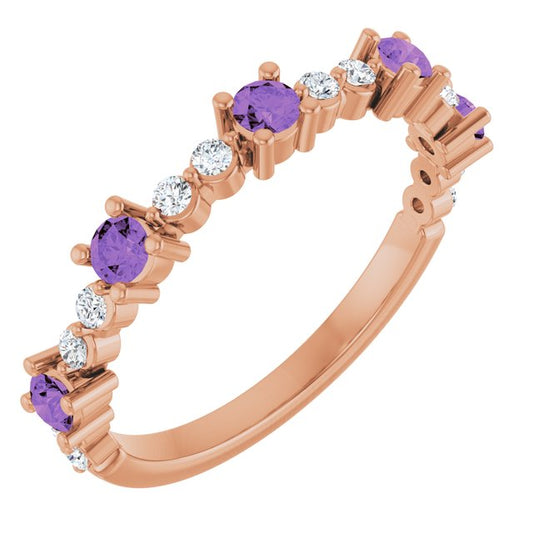14K Rose Gold Round 2.5 Mm Polished Natural Amethyst And 1/6 Ctw Natural Diamond Stackable Ring, Size 7
