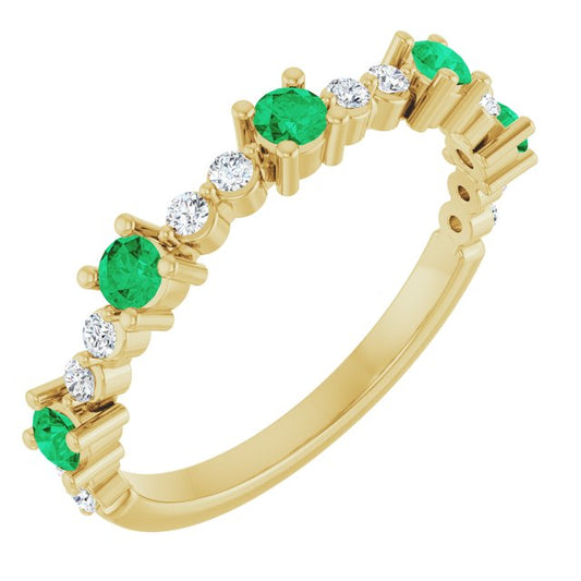 14K Yellow Gold Round 2.5 Mm Polished Natural Emerald And 1/6 Ctw Natural Diamond Stackable Ring, Size 7