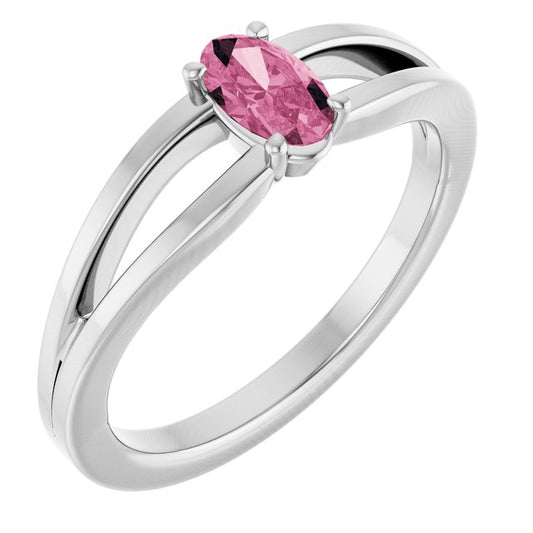 14K White Gold Oval 5 X 3 Mm Polished Natural Pink Tourmaline Youth Ring, Size 3
