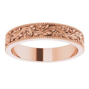 14K Yellow Or White Or Rose Gold Or Sterling Silver Or Platinum Milgrain Edge Floral Flat Band