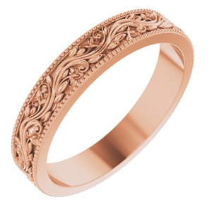 14K Yellow Or White Or Rose Gold Or Sterling Silver Or Platinum Milgrain Edge Floral Flat Band