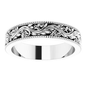 14K Yellow Or White Or Rose Gold Or Sterling Silver Or Platinum Milgrain Edge Floral Flat Band