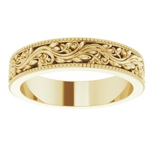 14K Yellow Or White Or Rose Gold Or Sterling Silver Or Platinum Milgrain Edge Floral Flat Band