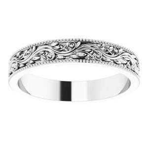 14K Yellow Or White Or Rose Gold Or Sterling Silver Or Platinum Milgrain Edge Floral Flat Band