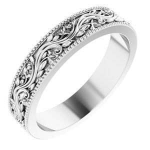 14K Yellow Or White Or Rose Gold Or Sterling Silver Or Platinum Milgrain Edge Floral Flat Band