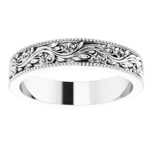 14K Yellow Or White Or Rose Gold Or Sterling Silver Or Platinum Milgrain Edge Floral Flat Band