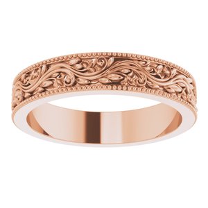 14K Yellow Or White Or Rose Gold Or Sterling Silver Or Platinum Milgrain Edge Floral Flat Band