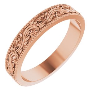 14K Yellow Or White Or Rose Gold Or Sterling Silver Or Platinum Milgrain Edge Floral Flat Band