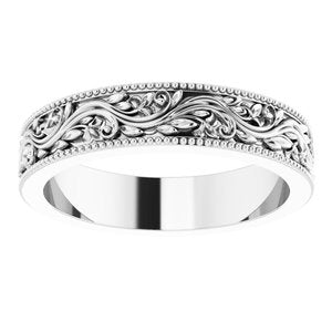 10K Yellow Or White Or Rose Gold Milgrain Edge Floral Flat Band
