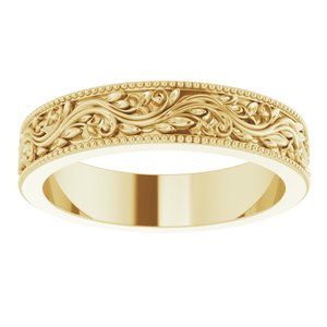 14K Yellow Or White Or Rose Gold Or Sterling Silver Or Platinum Milgrain Edge Floral Flat Band