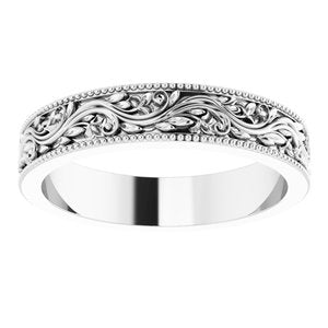 14K Yellow Or White Or Rose Gold Or Sterling Silver Or Platinum Milgrain Edge Floral Flat Band