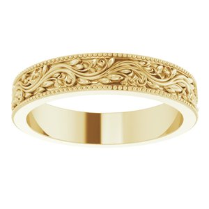 14K Yellow Or White Or Rose Gold Or Sterling Silver Or Platinum Milgrain Edge Floral Flat Band