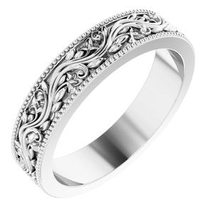 14K Yellow Or White Or Rose Gold Or Sterling Silver Or Platinum Milgrain Edge Floral Flat Band