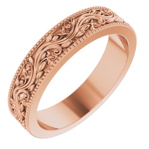 14K Yellow Or White Or Rose Gold Or Sterling Silver Or Platinum Milgrain Edge Floral Flat Band