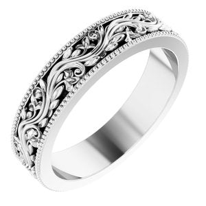 14K Yellow Or White Or Rose Gold Or Sterling Silver Or Platinum Milgrain Edge Floral Flat Band