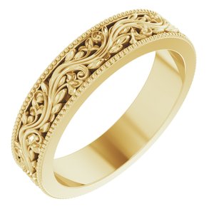 14K Yellow Or White Or Rose Gold Or Sterling Silver Or Platinum Milgrain Edge Floral Flat Band