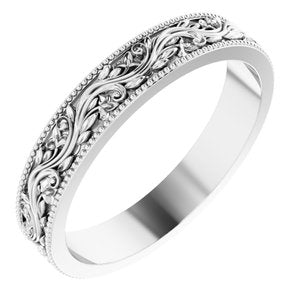 14K Yellow Or White Or Rose Gold Or Sterling Silver Or Platinum Milgrain Edge Floral Flat Band