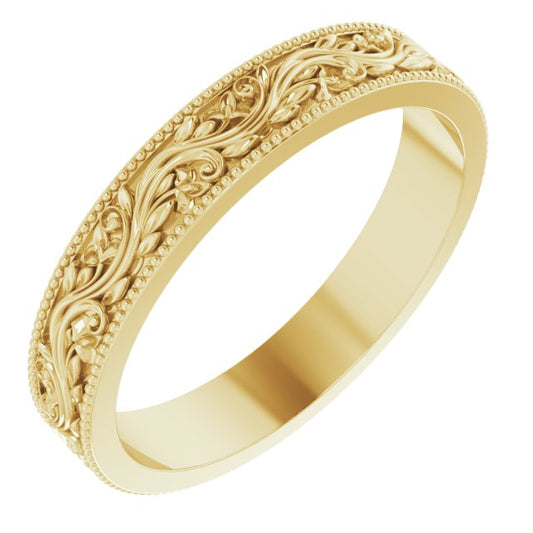 14K Yellow Gold 4 Mm Polished Milgrain Edge Sculptural Standard Fit Band, Size 9