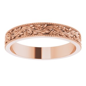 14K Yellow Or White Or Rose Gold Or Sterling Silver Or Platinum Milgrain Edge Floral Flat Band