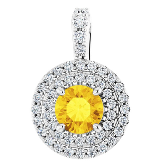 14K White Gold Round  5.5Mm  I1, G-H Polished Natural Yellow Sapphire And 1/4 Ctw Natural Diamond Pendant