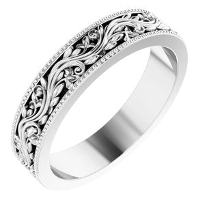 14K Yellow Or White Or Rose Gold Or Sterling Silver Or Platinum Milgrain Edge Floral Flat Band