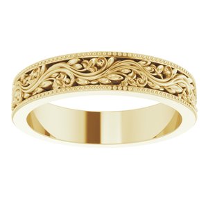 14K Yellow Or White Or Rose Gold Or Sterling Silver Or Platinum Milgrain Edge Floral Flat Band