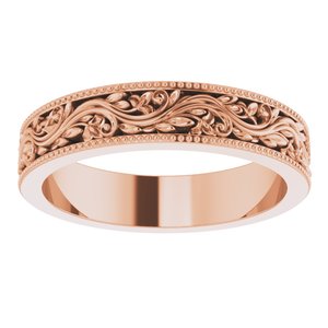 14K Yellow Or White Or Rose Gold Or Sterling Silver Or Platinum Milgrain Edge Floral Flat Band