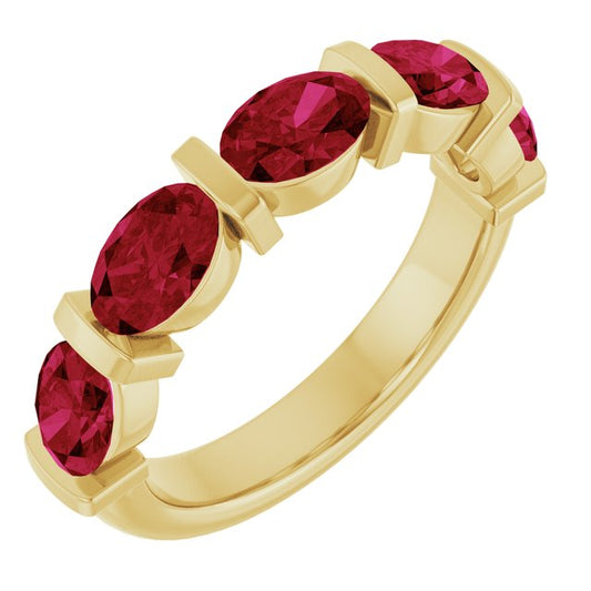 14K Yellow Gold Oval 6 X 4 Mm Polished Lab-Grown Ruby Anniversary Band Size 7