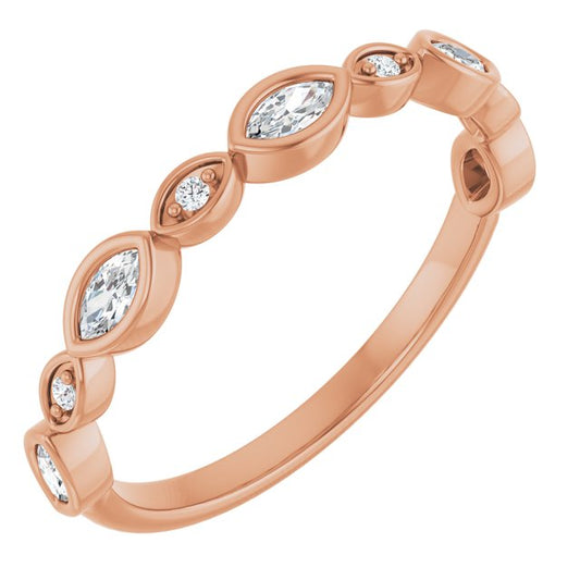 14K Rose Gold Marquise 3.5 X 1.75 Mm Polished 1/4 Ctw Natural Diamond Anniversary Band, Size 7