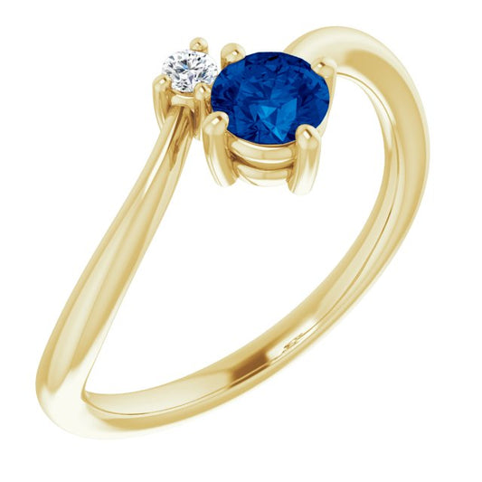 14K Yellow Gold Round 4.1 Mm Polished Natural Blue Sapphire And .025 Ctw Natural Diamond Ring, Size 7